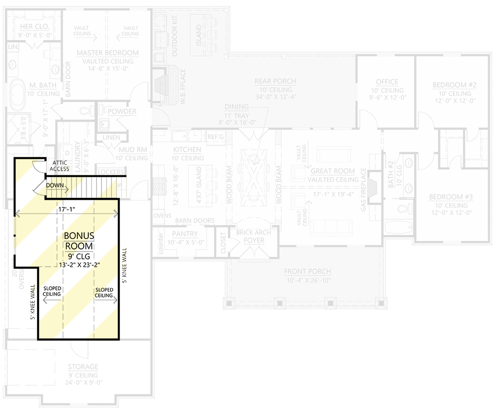 Plan 56498SM: 3-Bed New American House Plan with Home Office, Vaulted Great Room and Bonus Room Expansion - Floor Plan - Bonus Level - Country, Craftsman, Farmhouse, New American, Ranch, Southern, Traditional