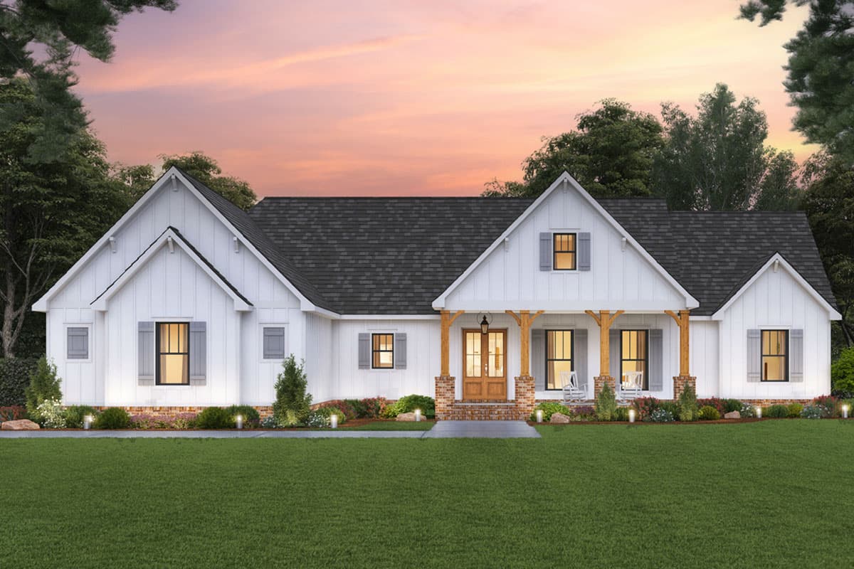 House plan exterior. Modern farmhouse style with gabled roof, front porch with wooden posts, and multiple dormers on the roofline.