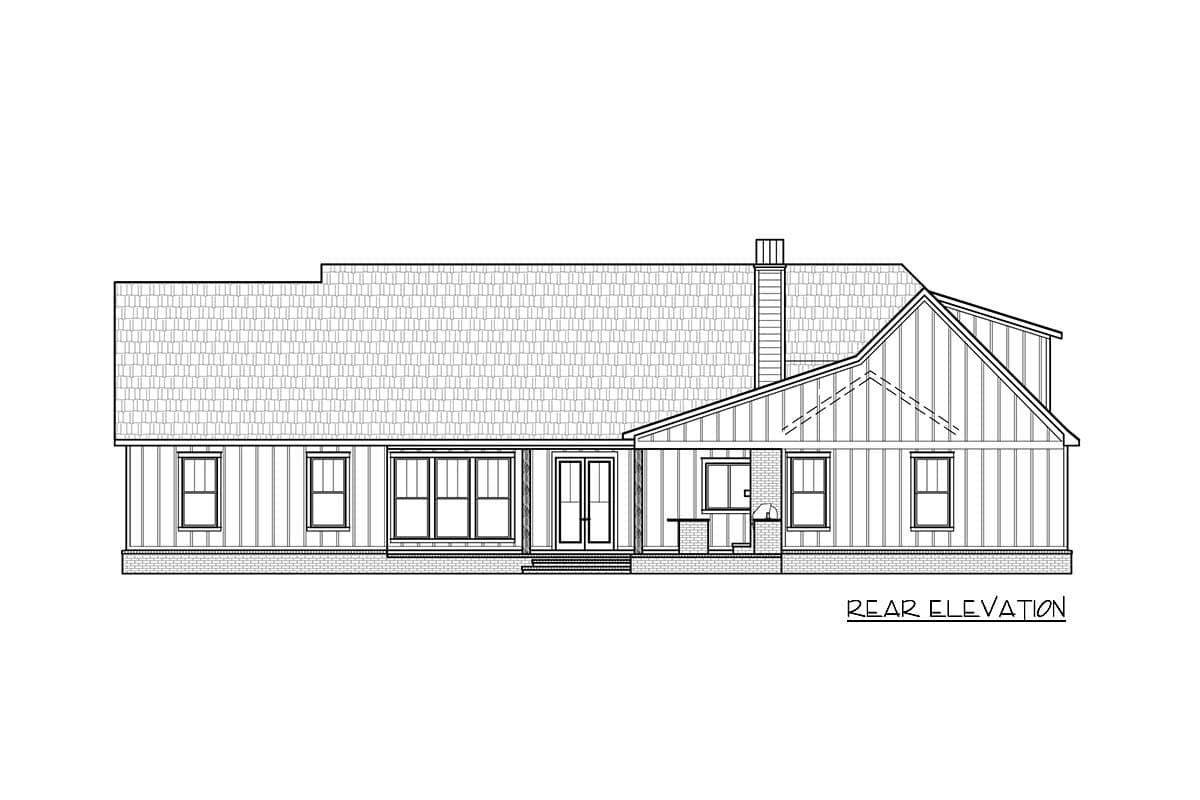 Rear elevation drawing of a house plan featuring a pitched roof, chimney, double doors, and multiple windows.