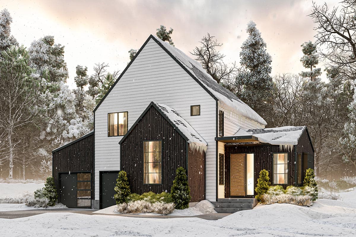 Modern house plan exterior with a steeply pitched gable roof, two-story white siding, dark vertical siding, and attached garage.