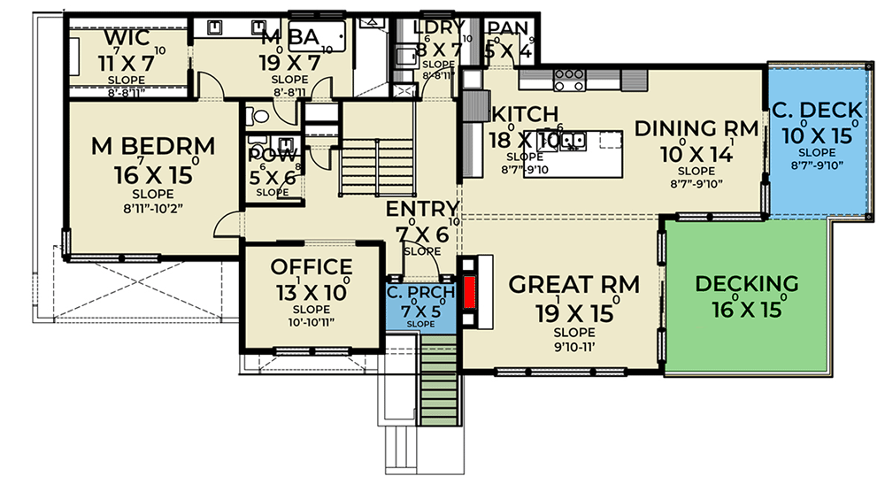 Plan 280133JWD: Contemporary Prairie Home Plan with Home Office and Lower-level Garage - Floor Plan - Main Level - Contemporary, Mid Century Modern, Northwest, Prairie