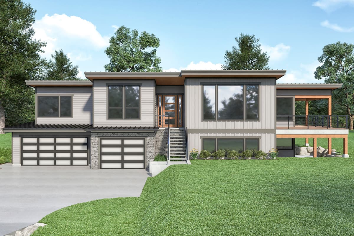 Modern house plan exterior with a three-car garage, stone accents, elevated deck, and flat rooflines.