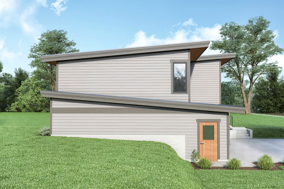 House plan exterior with a multi-level asymmetrical roofline, horizontal siding, and a single entry door.