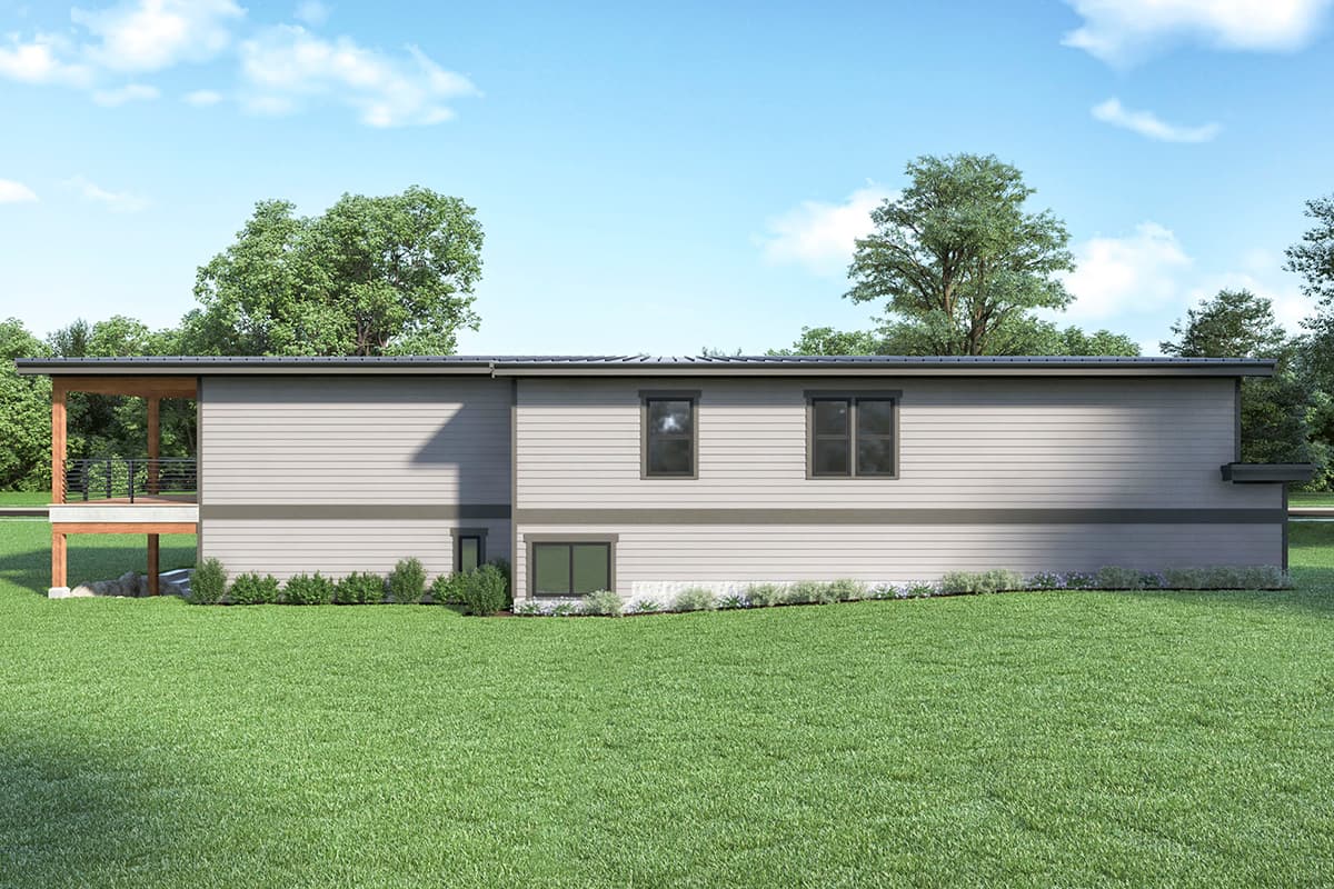 House plan exterior with modern style, horizontal siding, covered deck with railing, and flat roof.