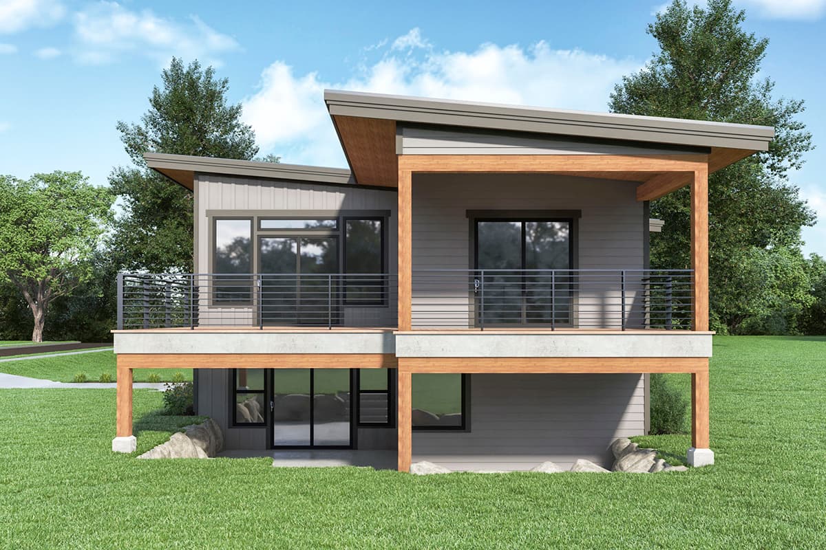 Modern house plan exterior with asymmetrical gables, covered balcony, and wood-paneled soffits.