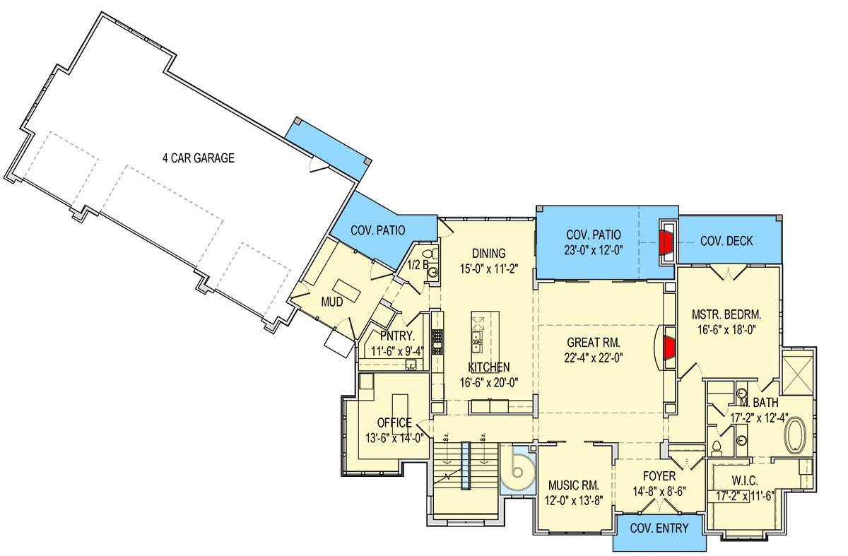 Plan 290118IY: Luxury Transitional House Plan with Home Office and Music Room - Floor Plan - Main Level - European, Transitional, Tudor