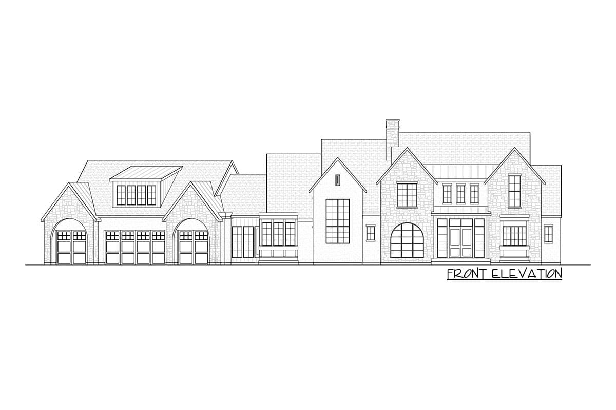 Front elevation drawing of a large house plan with multiple gables, dormers, arched windows, and a three-car garage.