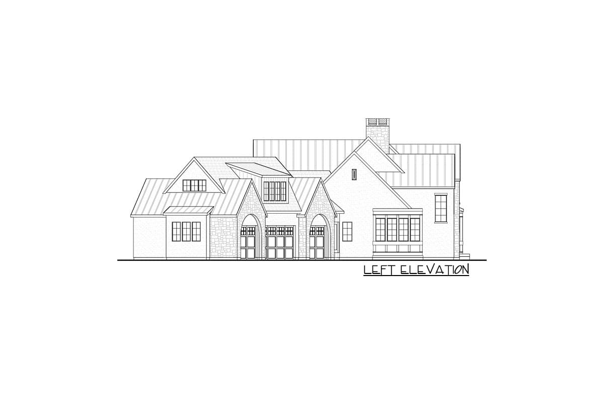 Left elevation drawing of a multi-story house plan with gabled roofs, stone accents, dormers, and a prominent chimney.