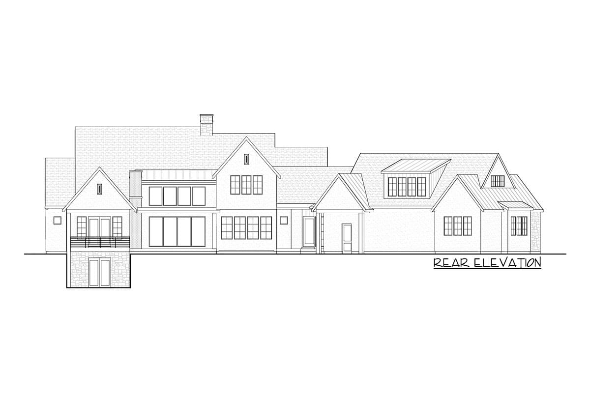 Rear elevation house plan with varied rooflines, multiple gables, a covered porch, and numerous window configurations.
