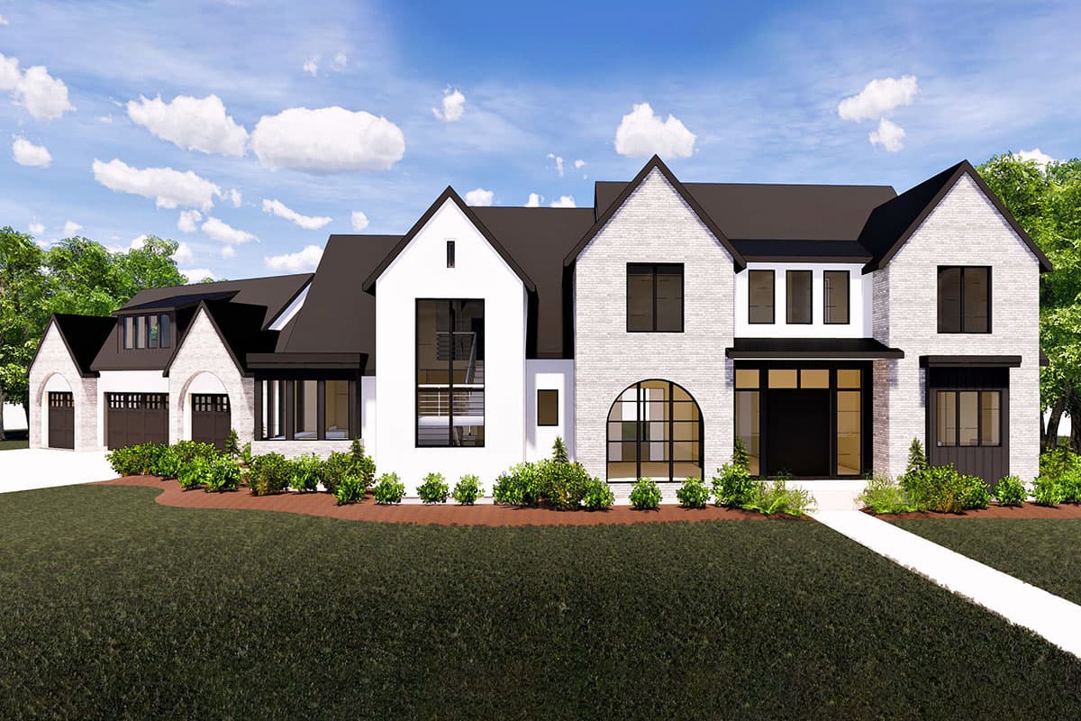 House plan exterior with two stories, gabled roof, arched window, and attached garage. Modern Farmhouse style with black and white exterior.