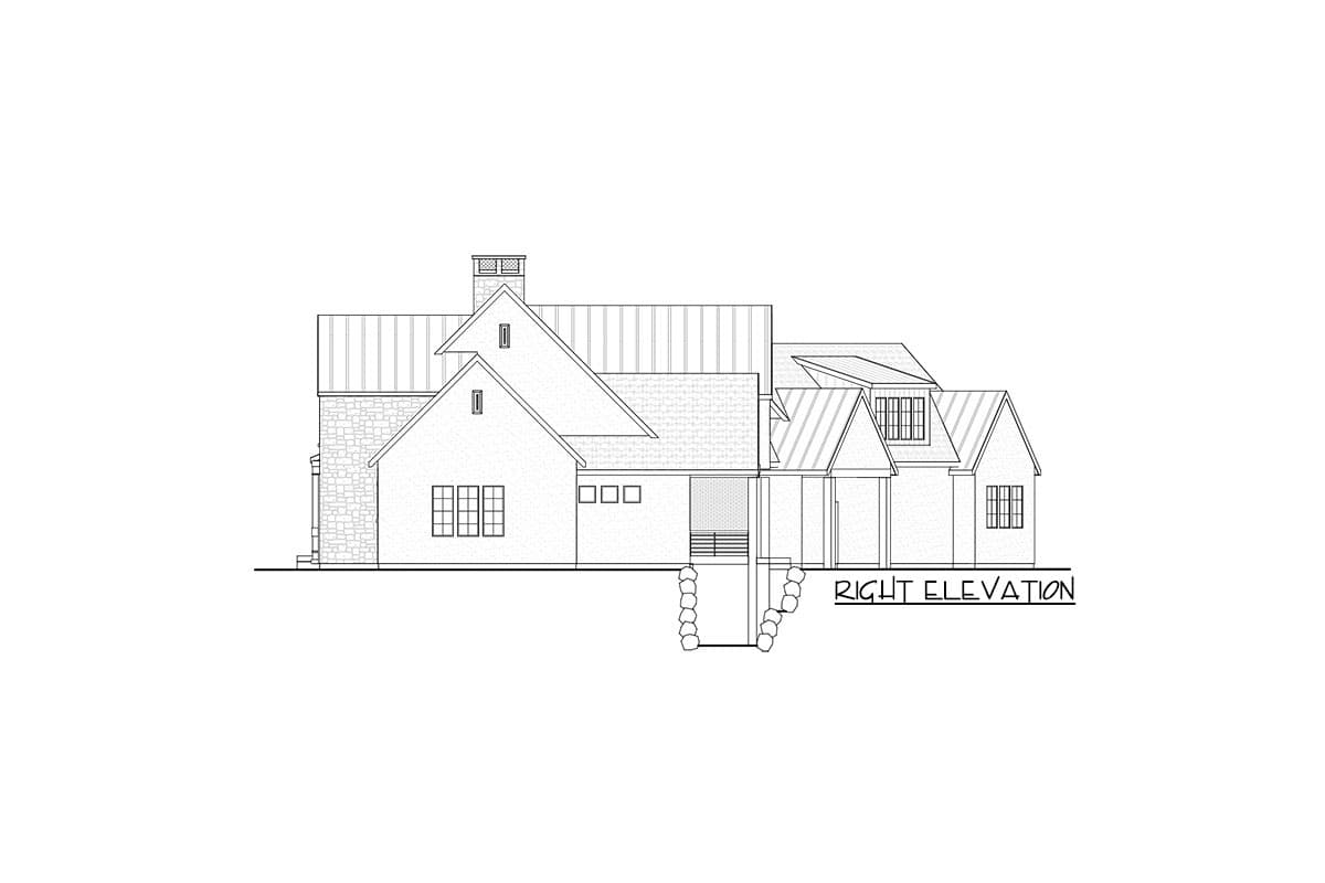 Right elevation drawing of a house plan featuring varied rooflines, stone accents, multiple gables, and a chimney.