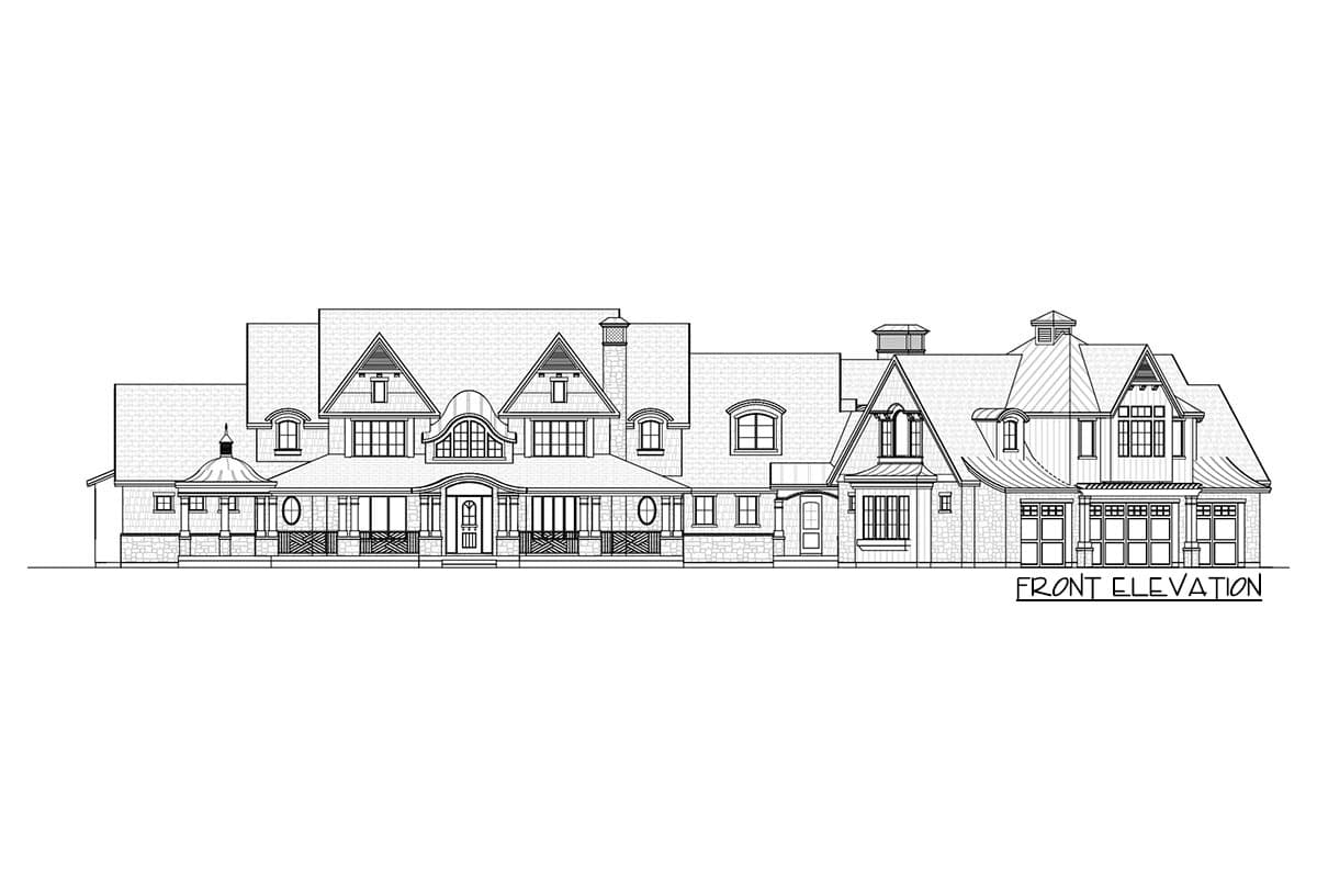 Front elevation drawing of a multi-story house with a covered porch, gables, dormers, and a three-car garage.