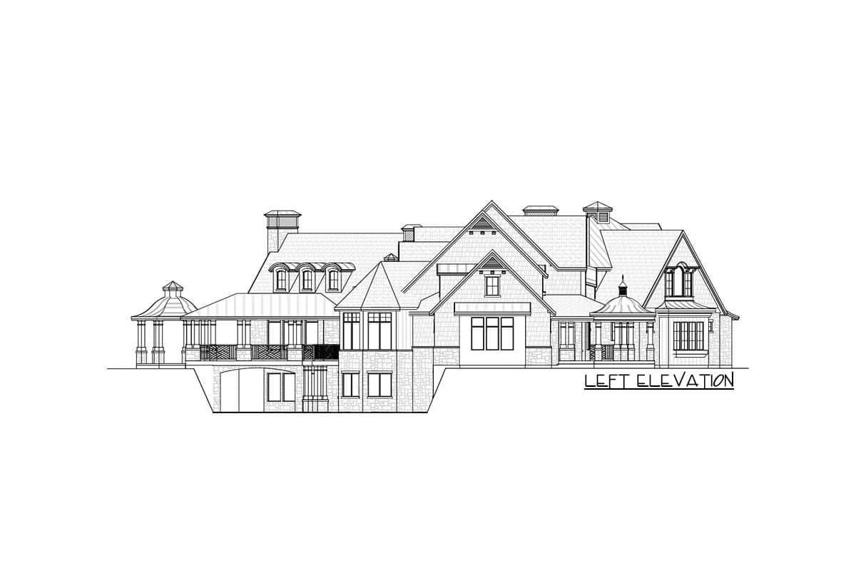 Left elevation drawing of a multi-story house plan with multiple gables, dormers, and covered porches.