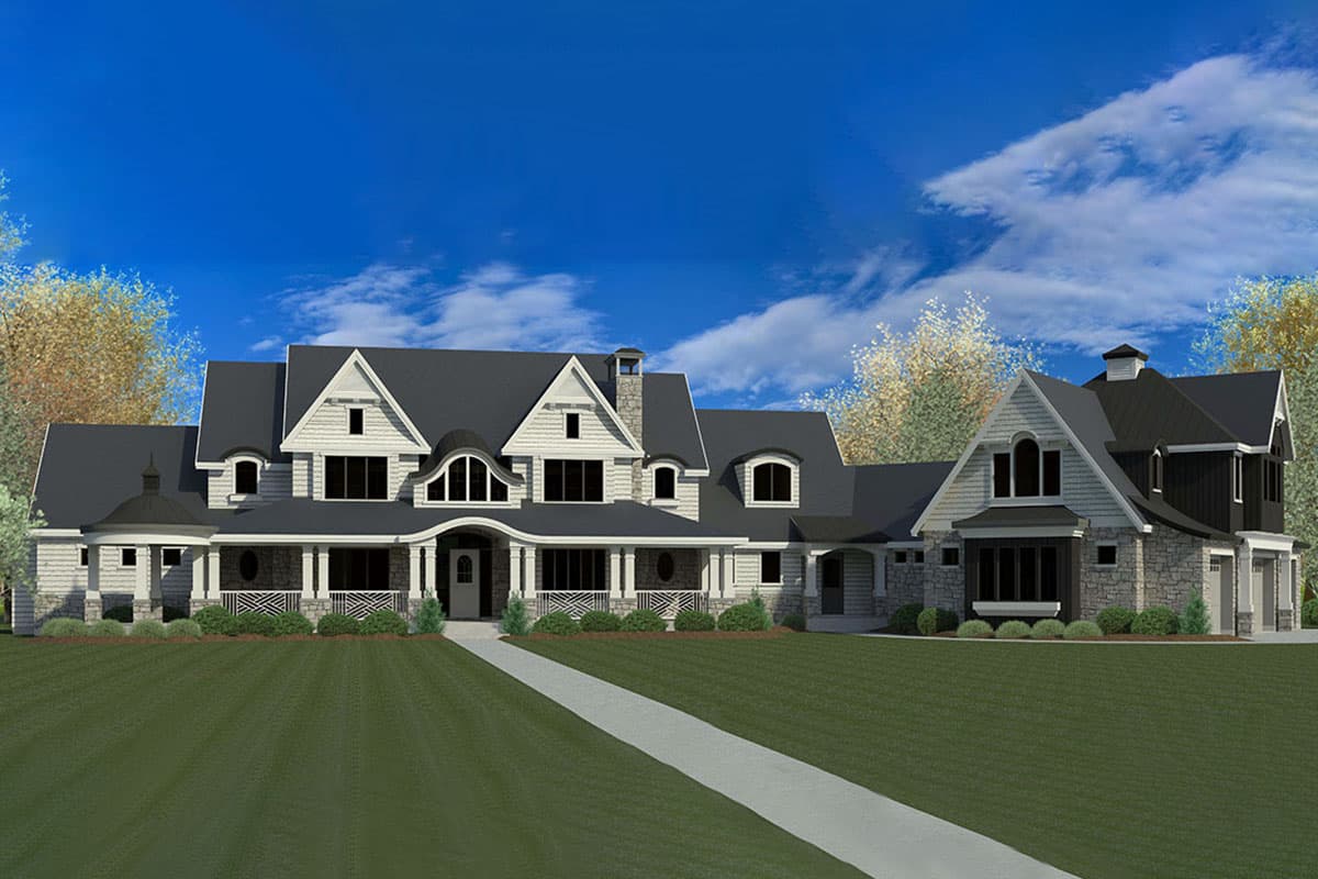 House plan exterior. Two-story with gables, multiple dormers, and a wraparound porch. Features include a cupola and a side-entry garage.