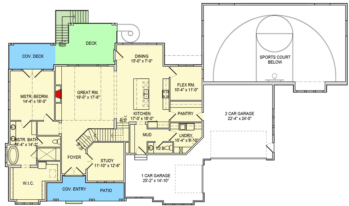 Plan 290129IY: Luxury Country Craftsman Home Plan with Flex Room and Sport Court - Floor Plan - Main Level - Country, Craftsman, New American