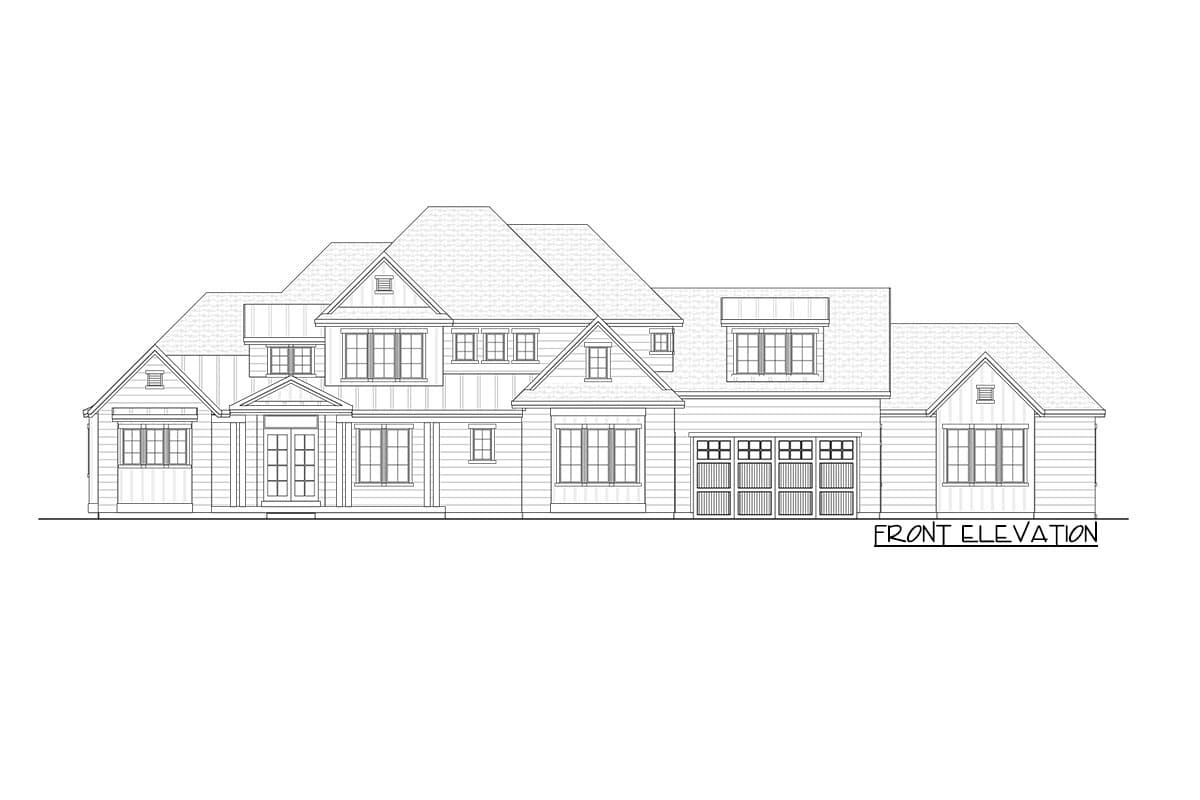 Front elevation house plan featuring a gabled entrance porch, multiple gables, and a detached garage.