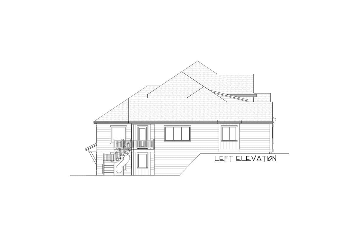 Left elevation drawing of a house plan showing multiple roof levels, siding, windows, doors, and an exterior staircase.