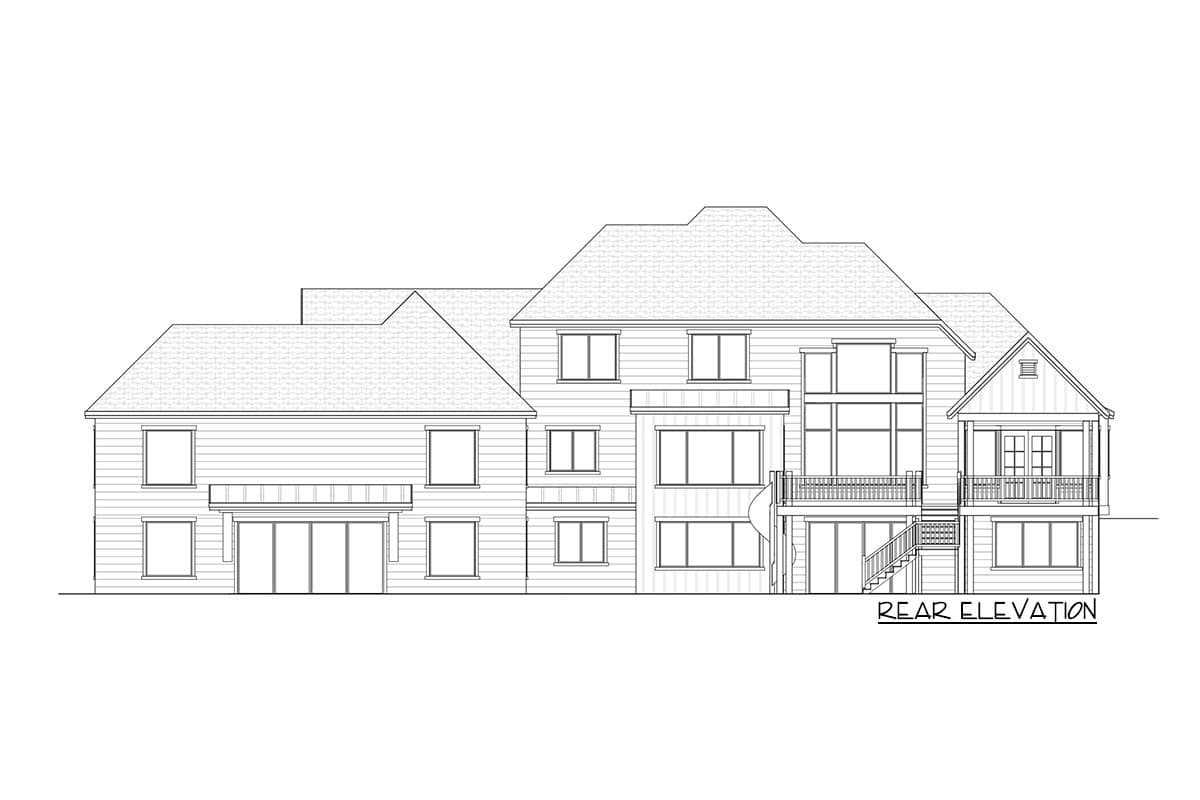 Rear elevation drawing of a multi-story house plan with a pitched roof, numerous windows, and a balcony.