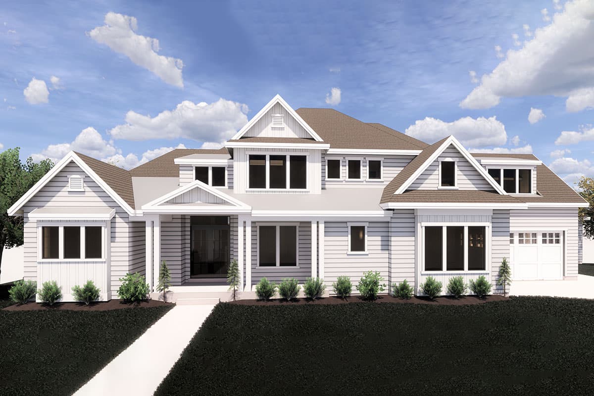 House plan exterior. Two-story, farmhouse-style home with multiple gables, dormers, and a covered porch. Attached two-car garage visible.