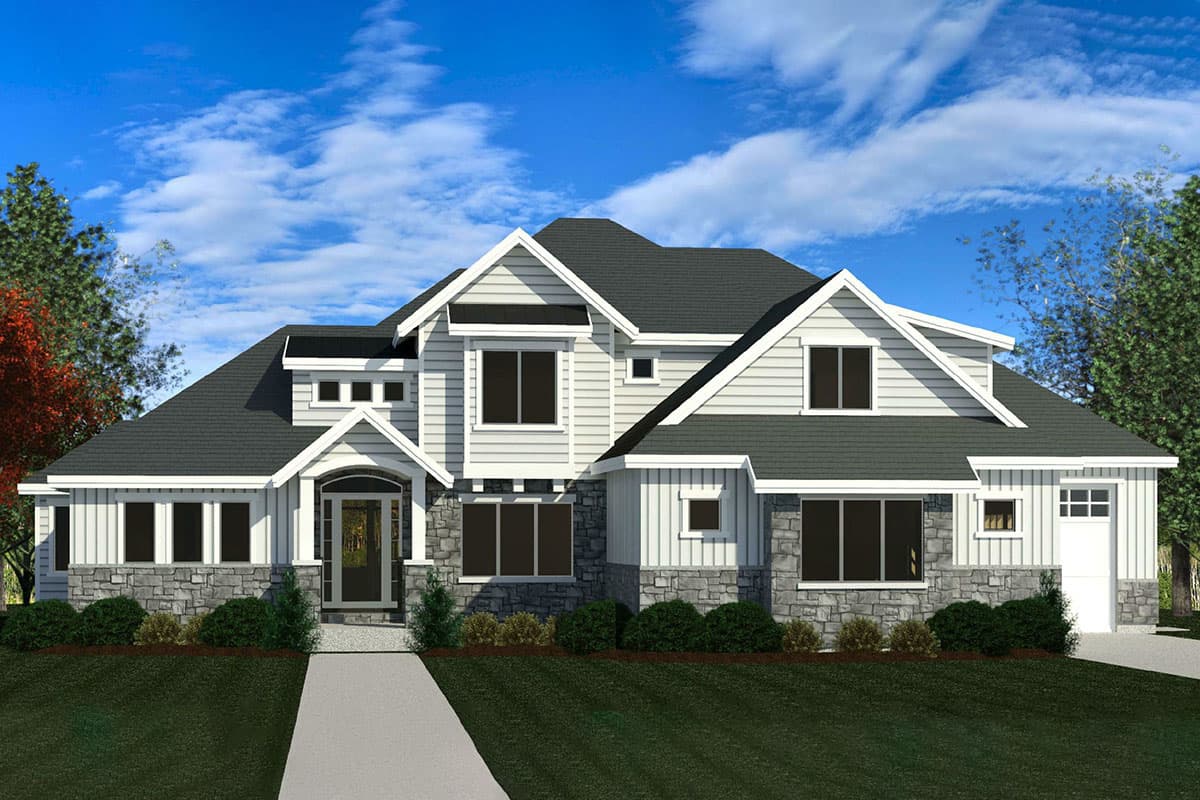 House plan exterior: two-story Modern Farmhouse with stone accents, prominent gables, dormers, and a side-facing garage.
