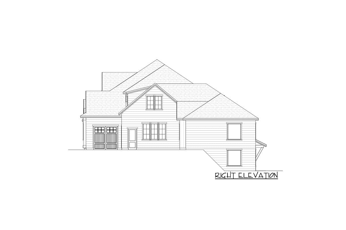Right elevation house plan: two-story, gabled roof, two-car garage, dormer, and multi-pane windows.