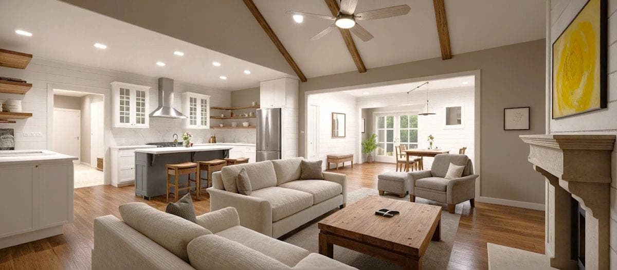 A modern, open-concept home interior with a kitchen, living room, and dining area. The living room has a large sectional sofa and fireplace.
