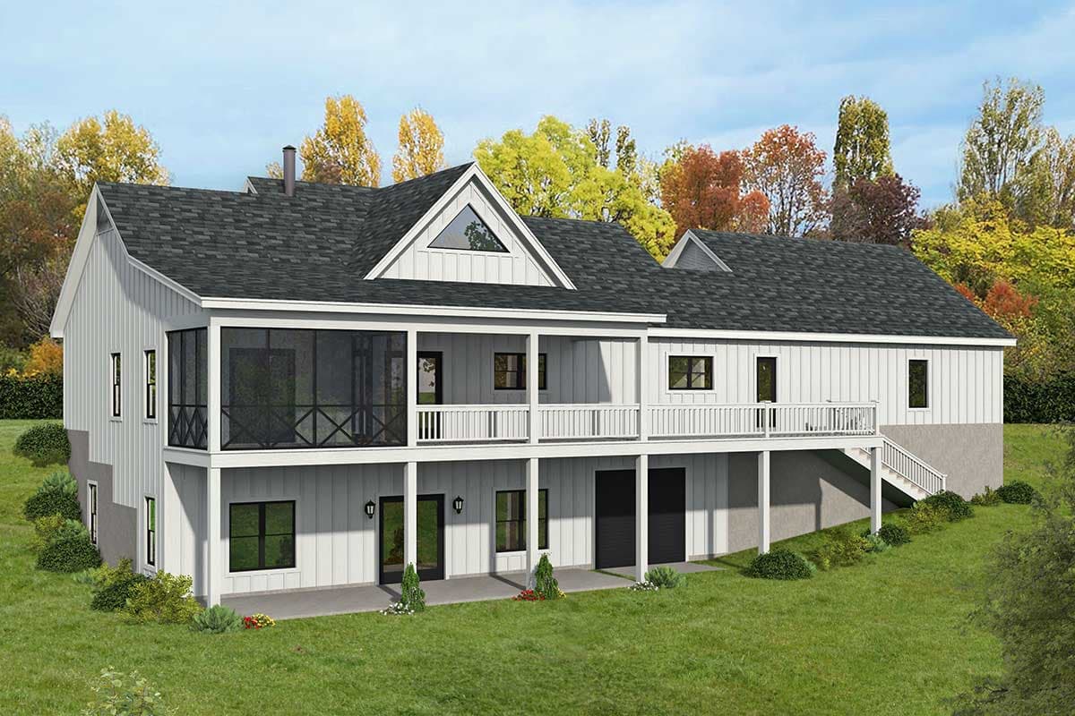 Modern Farmhouse house plan exterior with two stories, a screened porch, deck, and gabled dormers.