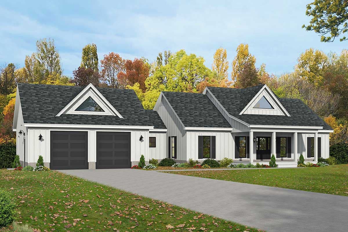 House plan exterior with Modern Farmhouse style, one story, two-car garage, gable roof, and front porch.