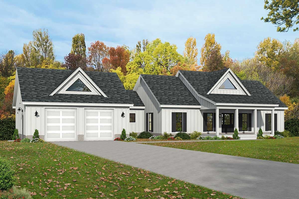 House plan exterior: Modern Farmhouse style, single-story with a two-car garage, covered front porch, and prominent gables.