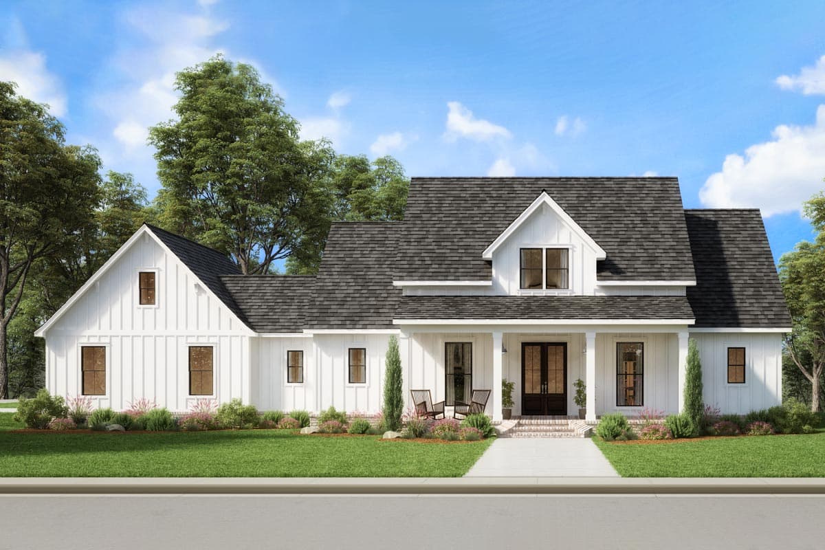 House plan exterior. Two-story Modern Farmhouse with gables, a covered porch, and a dark shingle roof. White siding and black window frames.