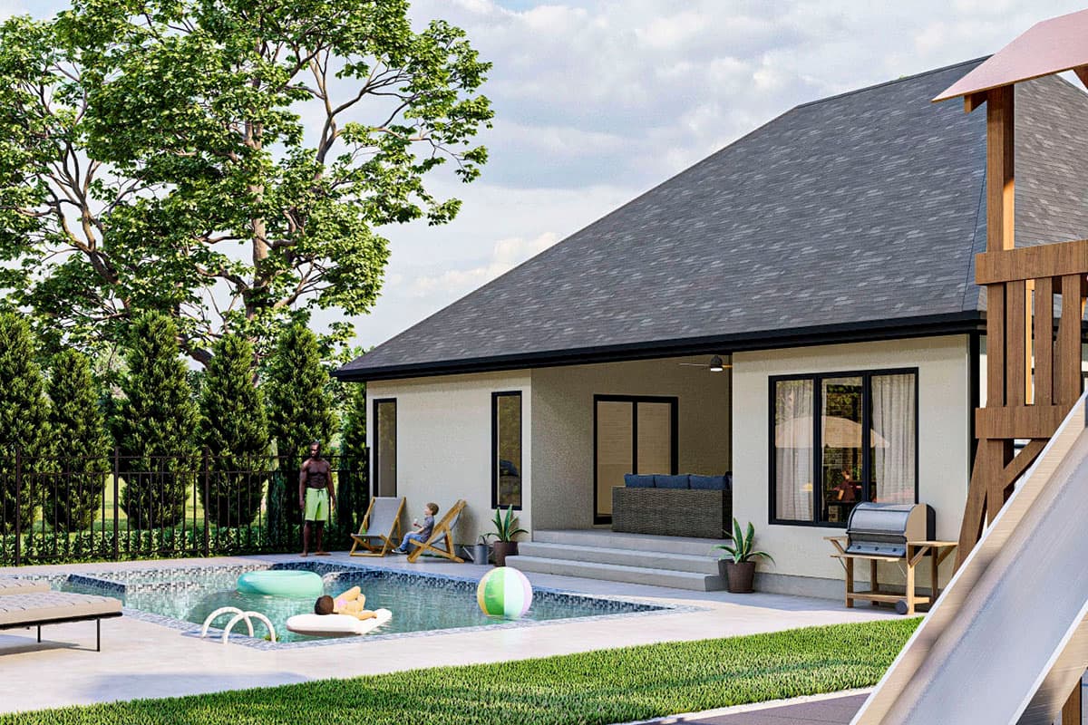 House plan exterior: single-story, modern style with a gabled roof, covered patio, and large windows.