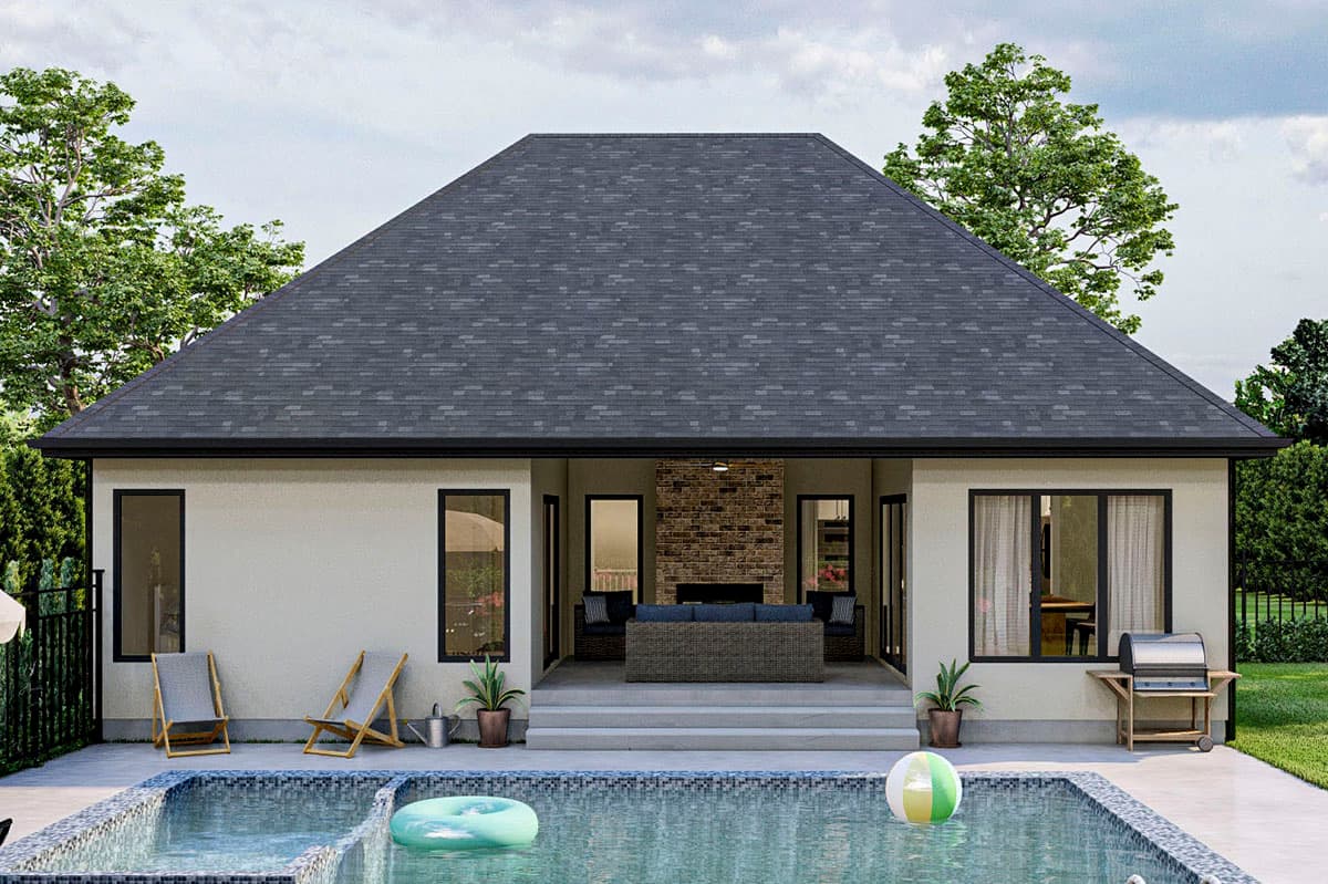 House plan exterior: one-story modern design with a large hip roof, patio with fireplace, and adjacent swimming pool.