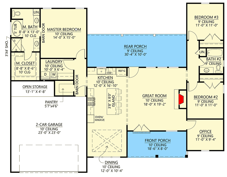 Plan 56500SM: 3-Bed Modern Farmhouse Plan with Just Over 1,800 Square Feet Of Living Space and a Home Office - Floor Plan - Main Level - Country, Farmhouse, Modern Farmhouse, Traditional