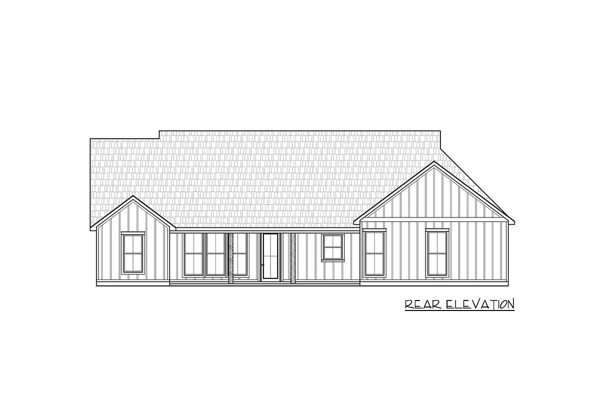 Rear elevation drawing of a single-story house plan with gables, a covered patio, and vertical siding.