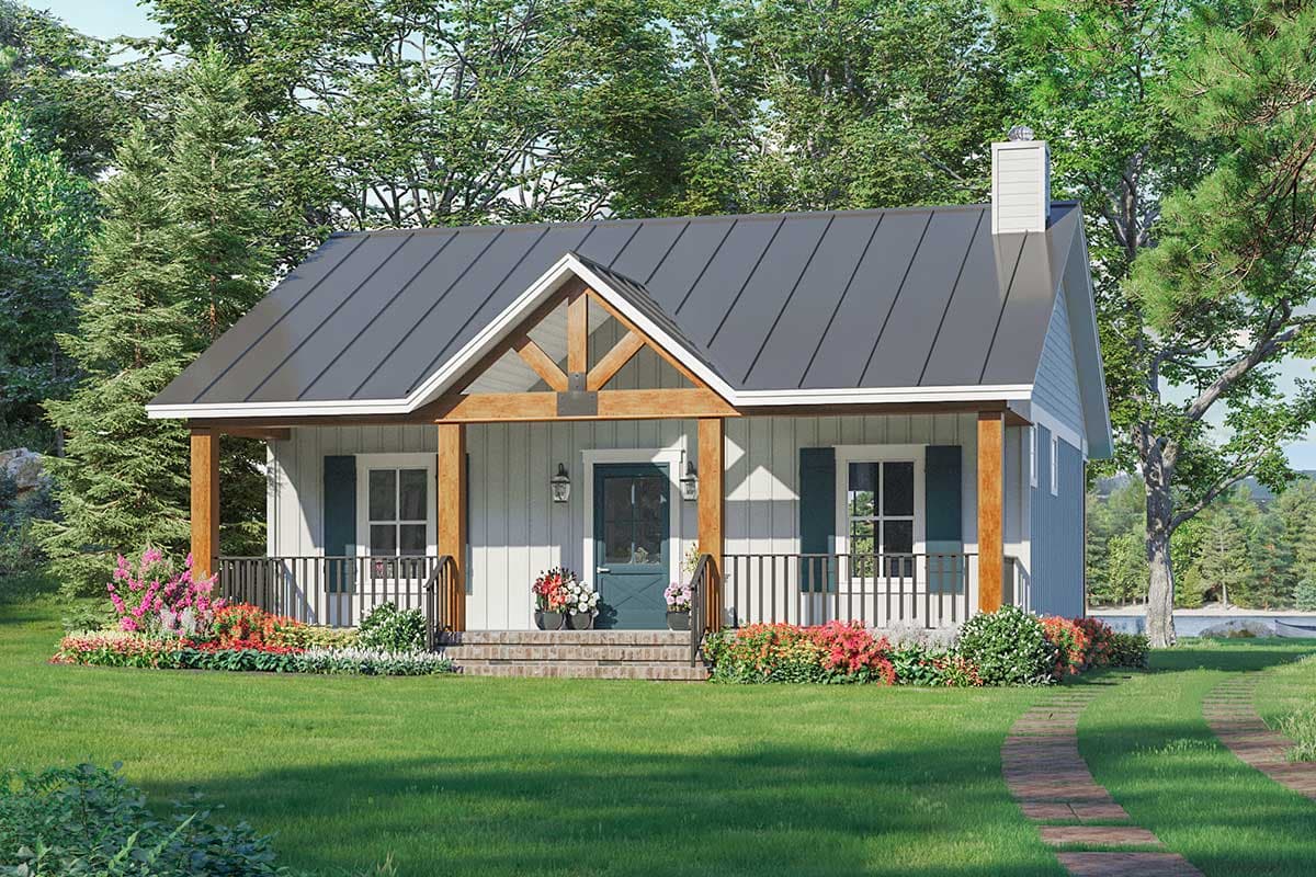 House plan exterior. One-story Cottage style with a front porch, gabled roof, and exposed timber detailing over the entryway.