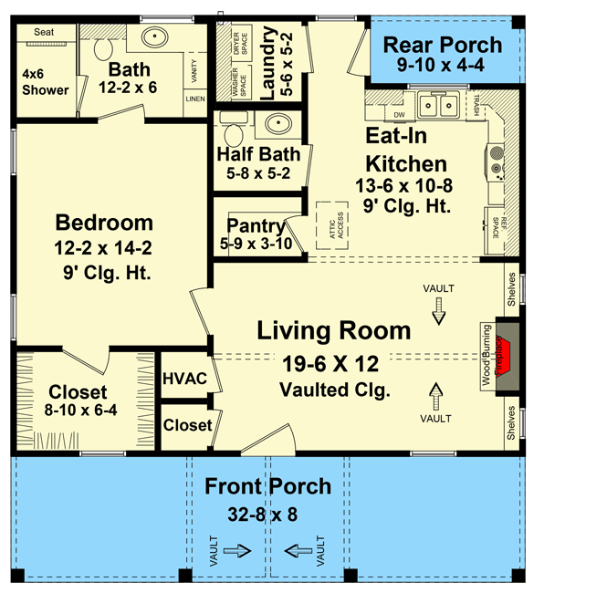 Plan 51195MM: One Bed Cottage House Plan with Fireplace in the Vaulted Living Room - Floor Plan - Main Level - Cottage, Country, Craftsman, Rustic, Southern, Traditional