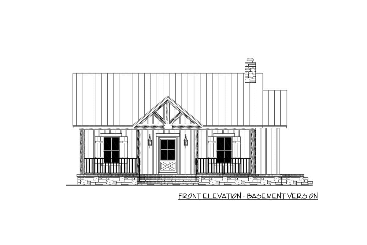 Front elevation drawing of a one-story house plan with a gable roof, porch, and stone foundation.