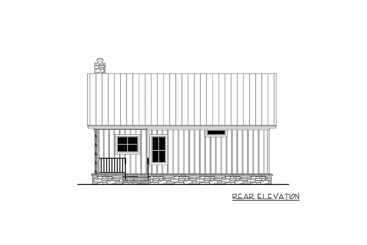 Rear elevation drawing of a house plan featuring a metal roof, stone foundation, porch, and two windows.