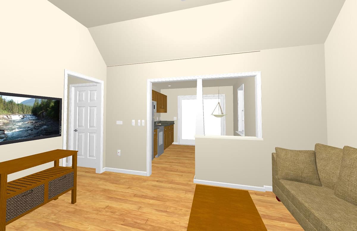 Interior rendering of open-concept living area with vaulted ceiling, adjacent kitchen, and sofa.