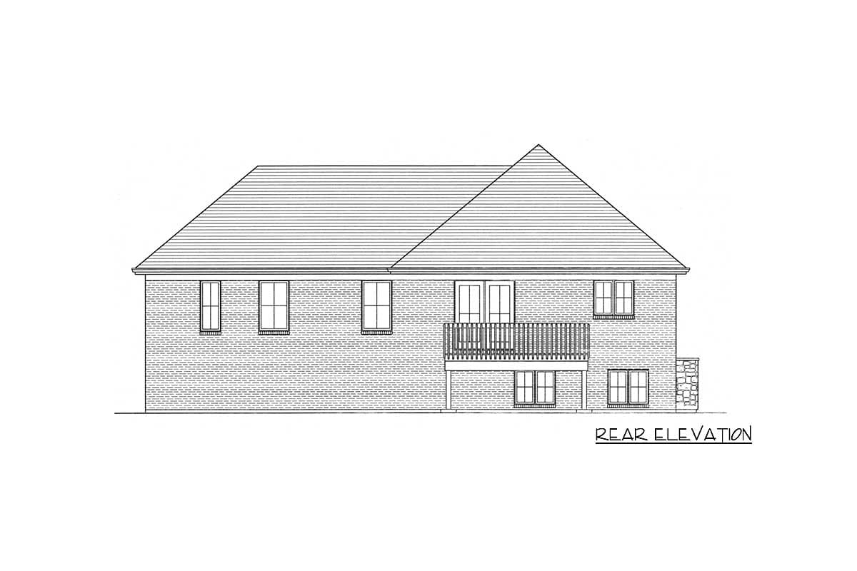 Rear elevation drawing of a brick house with a hip roof, a balcony over a lower level with windows, and a stone accent.