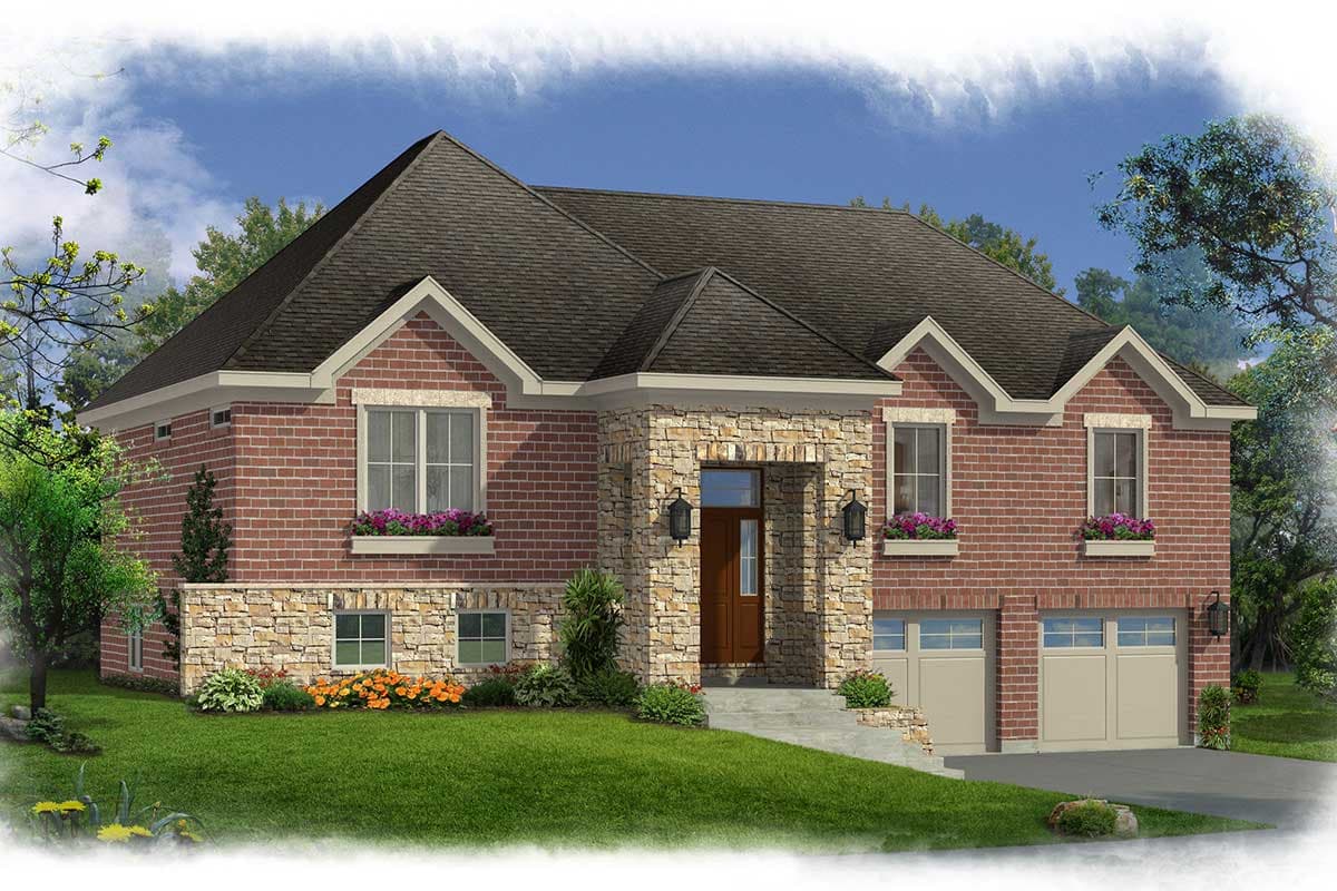 House plan exterior. Two-story brick home with stone accents. Features include gable roof, dormers, and attached two-car garage.