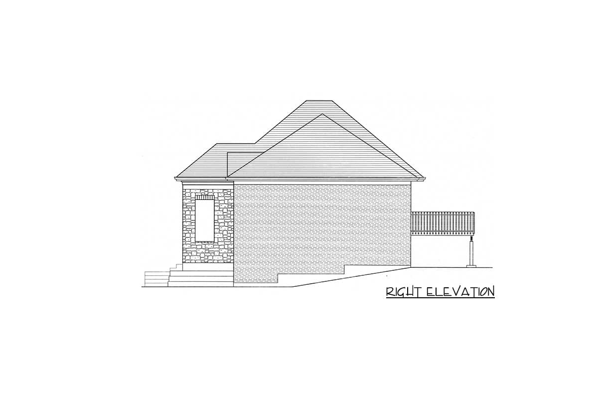 House plan right elevation: one-story brick exterior with stone accents, pitched roof, and deck.