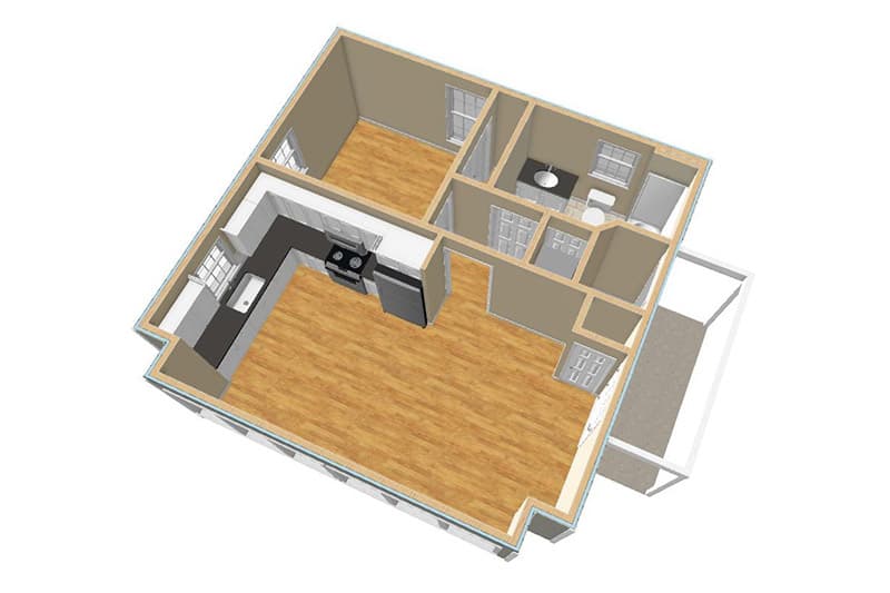 Plan 560001TCD: Sun-filled ADU with Open Floor Plan - Floor Plan - Dollhouse View - Cottage, Country, Southern, Vacation