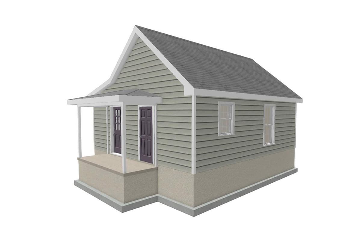 House plan exterior: One-story dwelling with a gabled roof, small front porch, and vinyl siding.