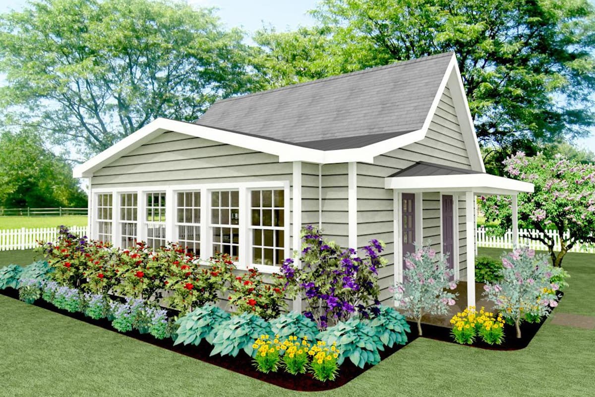 House plan exterior with gable roof, single story, and a front porch. Features include board and batten siding and a row of windows.