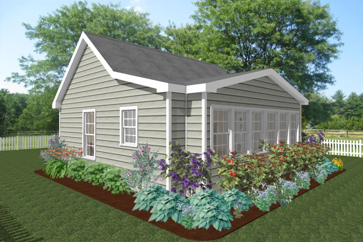 House plan exterior: One-story home with vinyl siding, gable roof, prominent front gable, and a sunroom with multiple windows.