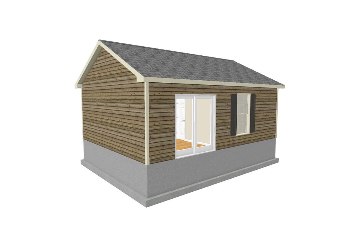 House plan exterior: single-story structure with horizontal siding, gable roof, double doors, and a single window with shutters.