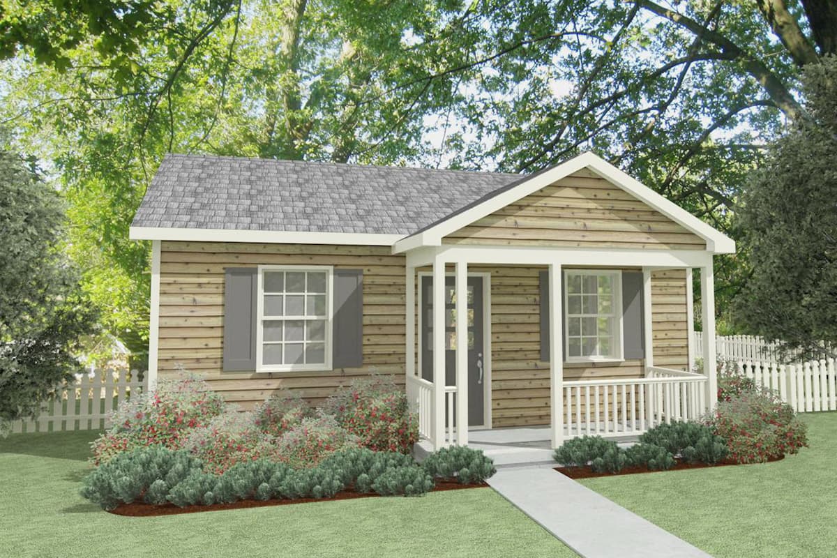 House plan exterior with wood siding. Features include a front porch with railing, gabled roof, and shuttered windows on a single-story home.