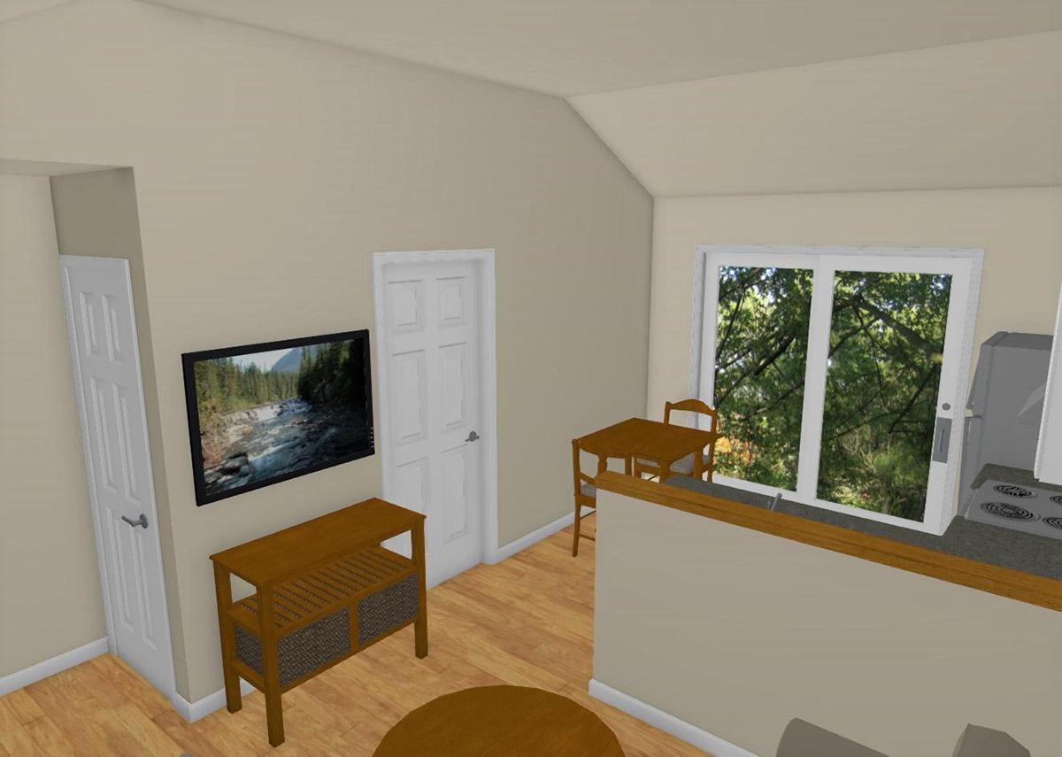 Interior rendering: Living area with television, dining nook, and kitchen counter with stove. Sloped ceiling and large window.