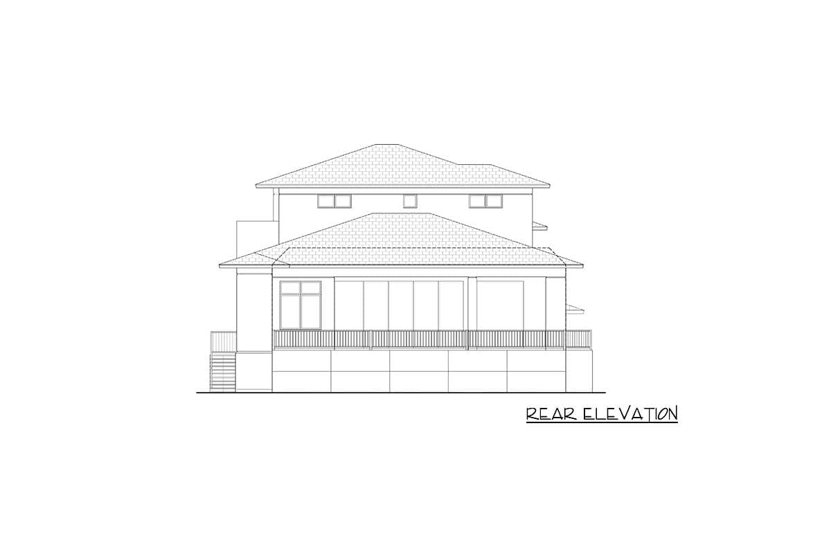 Rear elevation drawing of a two-story house plan with hip roof, multiple gables, and a full-width balcony.